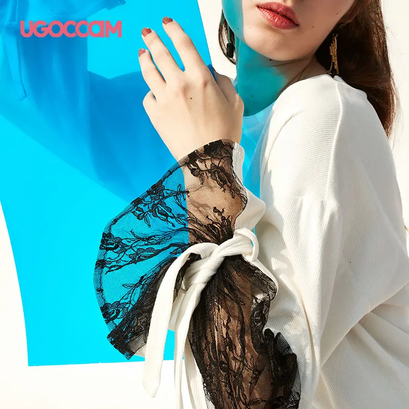 UGOCCAM женская футболка Осенняя Длинная женская офисная Черная кружевная сеточка хлопок однотонный Белый Топ Boho Модный повседневный осенний пуловер для женщин