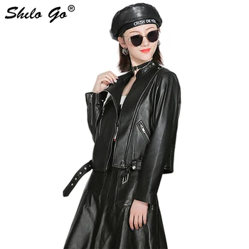 

Genuine Leather Jacket Black Highstreet Moto Notched Neck Buckle Belted Sheepskin Coat Women Autumn Casual Loose Zip Outwear