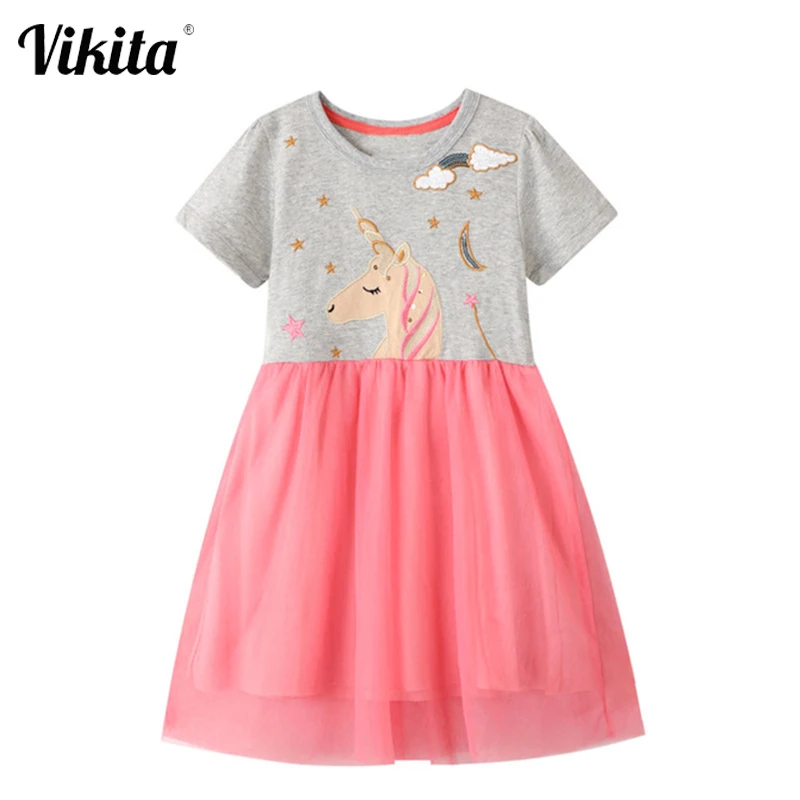 

VIKITA Kids Party Dresses for Girls Summer Tutu Frocks Baby Girl Short Sleeve Princess Dresses Children Unicorn Dress 2-7 Years