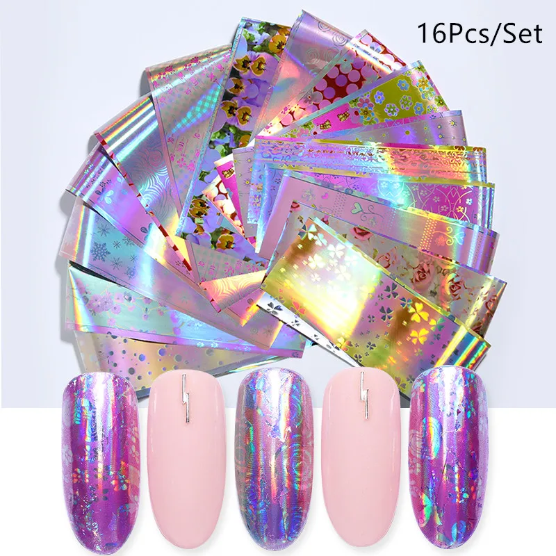Mix Holographic Flower Nail Foils Sticker 4*20cm Nail Art Transfer Sticker Manicure DIY Design for Nail Art Decoration - Цвет: 16Pcs