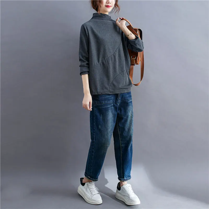 DIMANAF 2020 Plus Size T-Shirt Women Autumn Tops Striped Print Tshirt Casual Style Turtleneck Soft Cotton Show Thin Elegant Tees