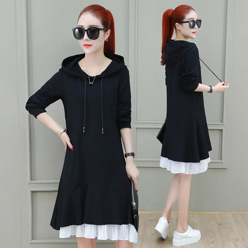 Autumn Winter Long Sweatshirt Dress Women Casual Hooded Long Sleeve Split Fleece Loose Basic Party Pullover Ruffles Vestido