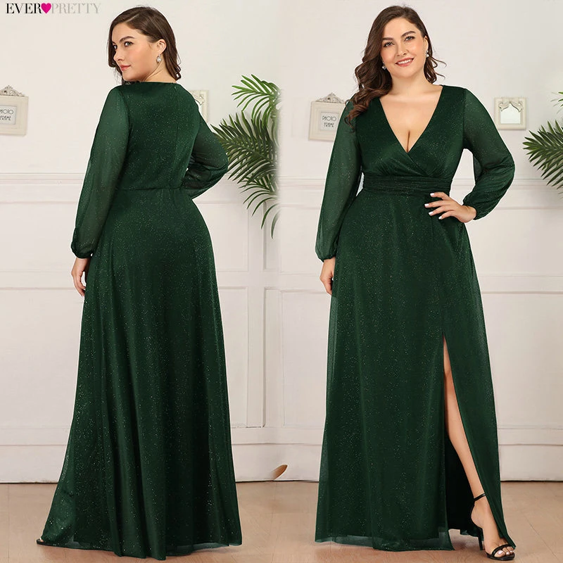 Plus Size Burgundy Prom Dresses Ever Pretty A-Line Deep V-Neck Side Split Long Sleeve Sexy Sparkle Formal Party Gowns Sukienki