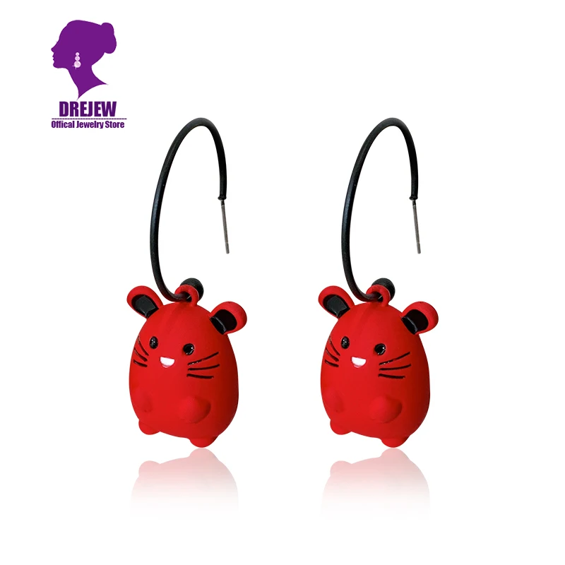 

DREJEW Cute Cartoon Little Mouse Statement Drop Earrings Korean Long Red Black Alloy Dangle Earrings Women Wedding Fun Parties
