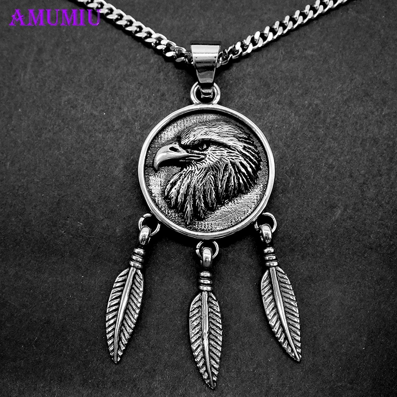 AMUMIU винтажное ожерелье с кулоном перо Орел сталь Панк Племенной индийская голова аксессуары для свитера P084