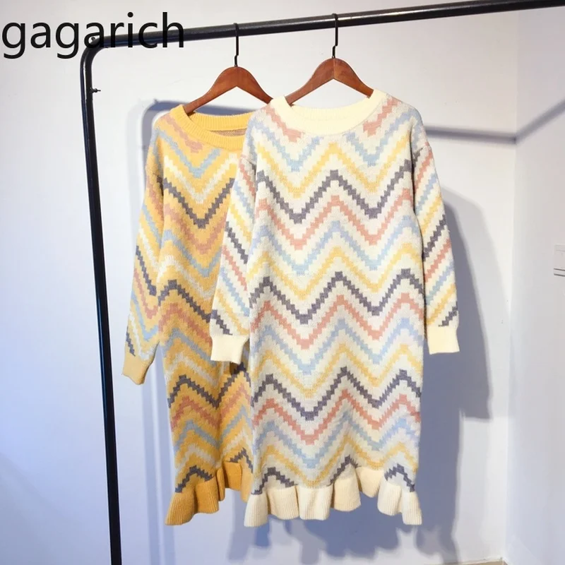 Gagarich женское платье новинка 2019 вязаное круглый вырез на весь в полоску с оборками