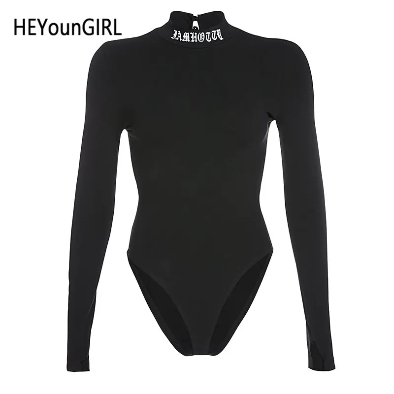 Черный HEYounGIRL базовый черный боди с открытой спиной для женщин с длинным рукавом с принтом тела женские повседневные обтягивающие осенне-зимние комбинезоны - Цвет: Черный