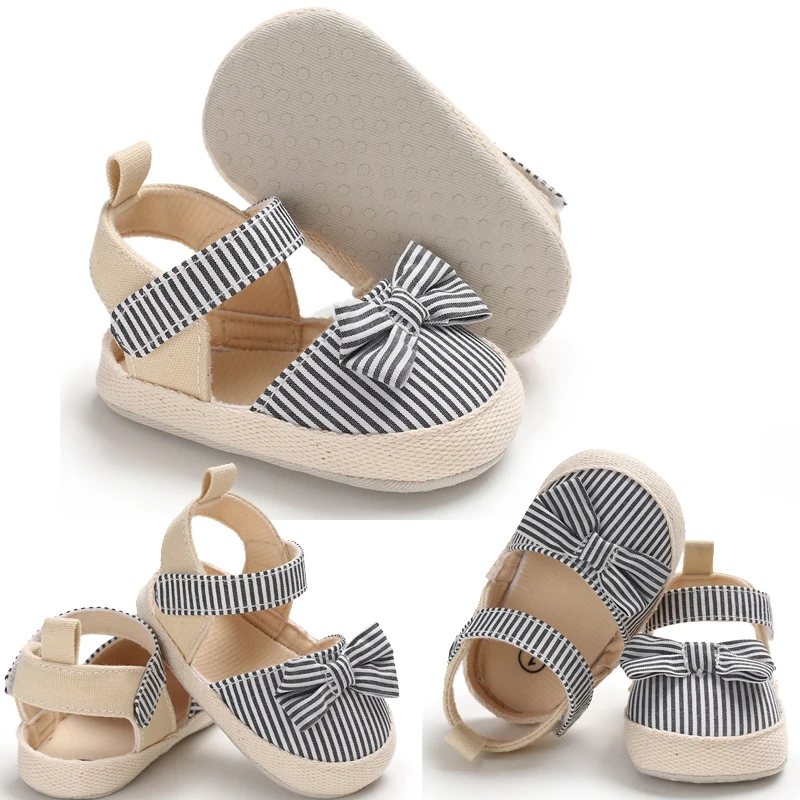 Летняя детская обувь для новорожденных; мягкие кроссовки для маленьких девочек и мальчиков; нескользящая обувь в полоску с бантом; обувь для первых шагов; 0-18 месяцев