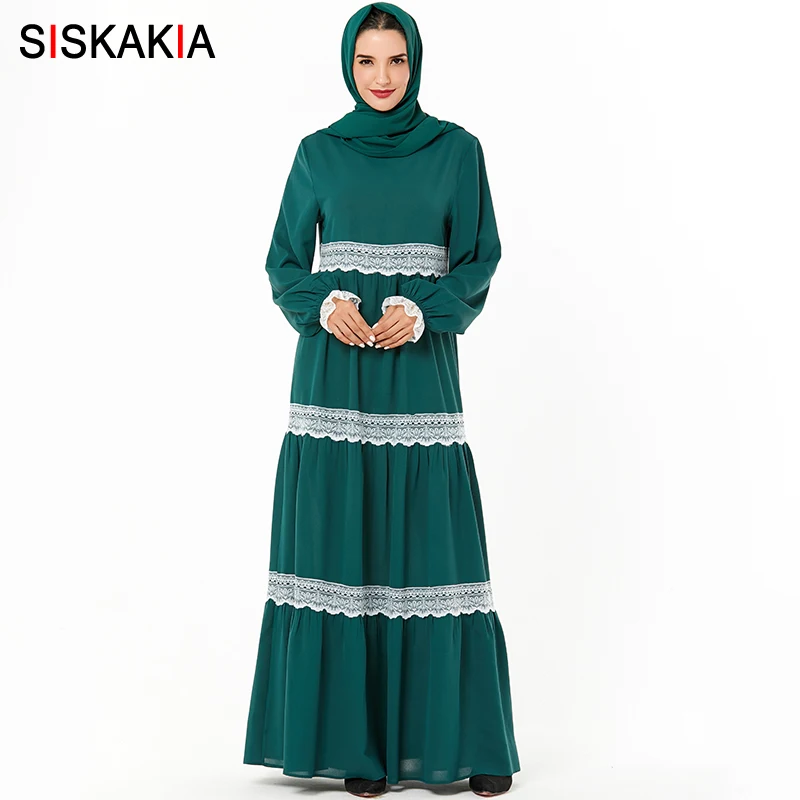 Siskakia элегантное арабское длинное платье шикарное кружевное лоскутное платье трапециевидной формы Макси Свинг мусульманская одежда темно-зеленая осенняя одежда Исламская - Цвет: Green dress