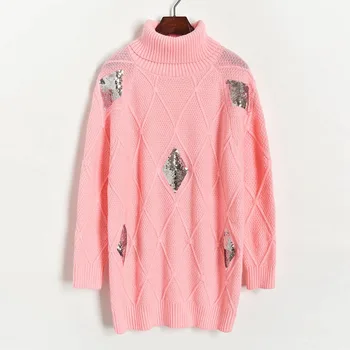 

Winter Long Sweater Oversized Turtleneck Sweater 2019 Winter Rhombus Plaid Sequins Knit Sweater High Neck Jumper Pink Knitwear