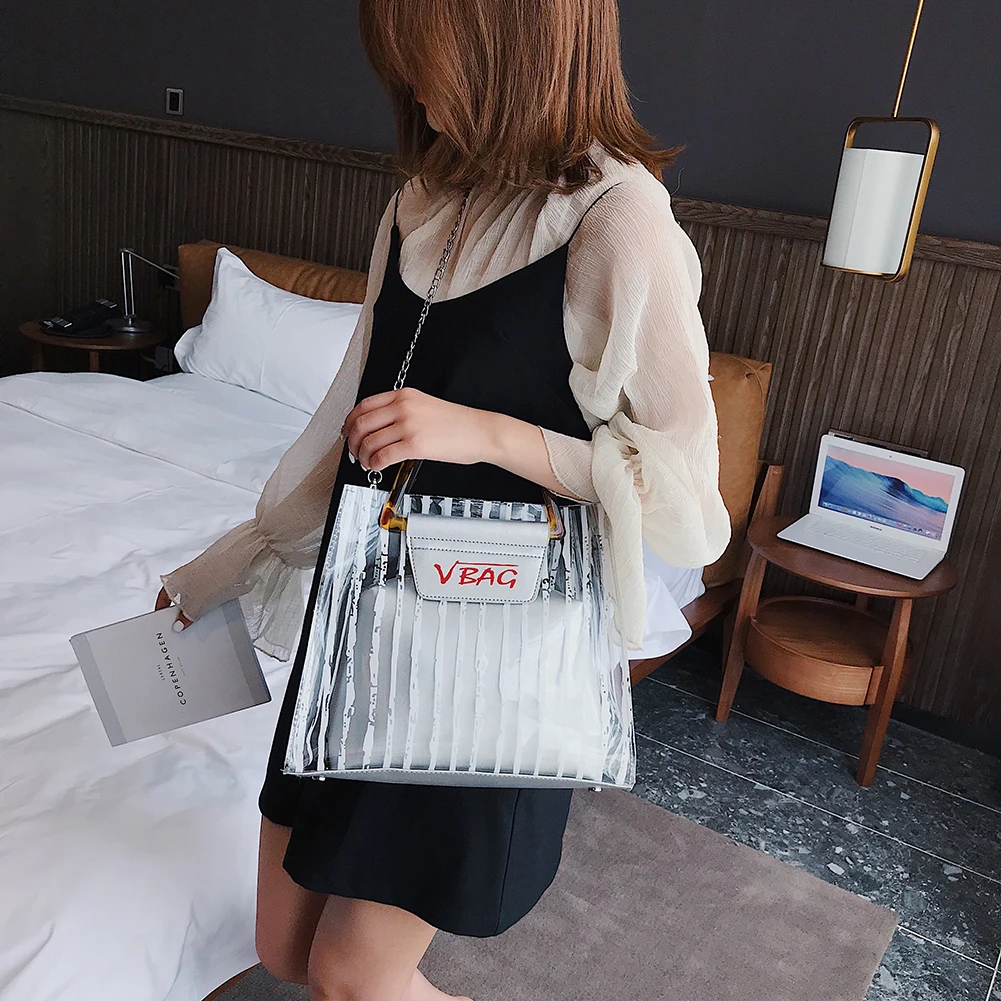 Прозрачная полосатая сумка через плечо с цепочкой, сумка-мессенджер, прозрачная для желе из ПВХ, сумка для женщин, женская модная сумка с буквой