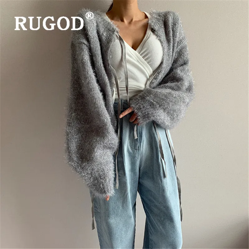 RUGOD, корейский, элегантный, Однотонный свитер, кардиганы для женщин, v-образный вырез, свободный, на шнуровке, утолщенное, Вязанное пальто, модный Женский Повседневный свитер, топы