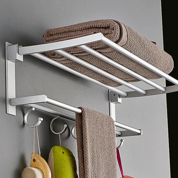 

Foldable Towel Holder Bathroom Towel Hanger Clothes Storage Rack 40 50 60cm Aluminum Shelf with Hook Kitchen Hotel No Drilling