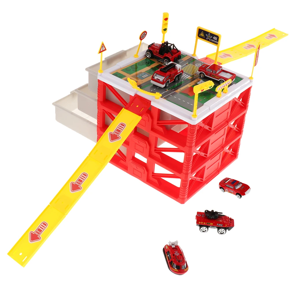 

Three Layers Storage Parking Lot Toy Kids Educational Mini Drawers Toy Cars Storage Assembly Toy - Fire Engine Children Toy Gift