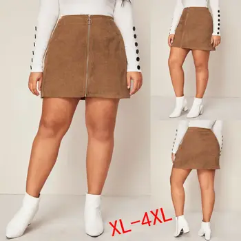

Women Front Zipper Up Straight Short Pencil Skirt High Waist Large Size Plain Color Mini Skirt