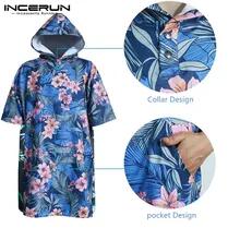 INCERUN Casual Women Men Printed Short Sleeve Hooded Pullover Beach Surf Swim Bath Towel Cape Cloak Stylish Home Poncho Hoodies