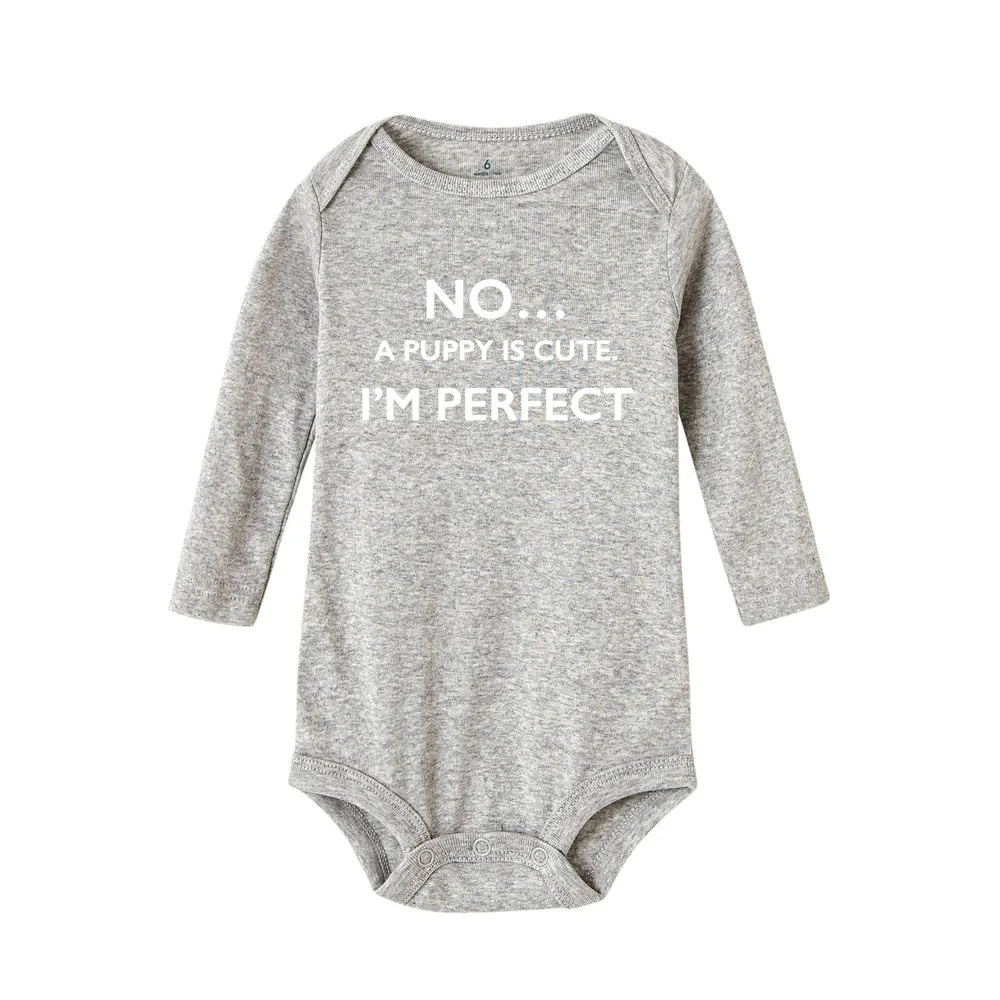 Милый хлопковый комбинезон с длинными рукавами и надписью «NO A Puppy Is Cute I'm Perfect Infant»; Забавный комбинезон для малышей; комбинезон с буквенным принтом для новорожденных
