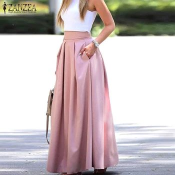 

Stylish Pleated Maxi Skirts Women's Spring Sundress ZANZEA 2020 Casual High Waist Long Vestidos Female Solid Faldas Saia 5XL 7