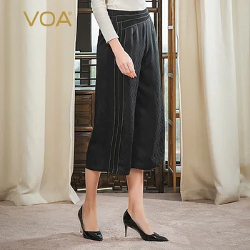 

VOA Silk 22mm Black Dark Fringe Jacquard Filler Asymmetric Stitching Pleated Casual Cropped Wide Leg Pants K1309