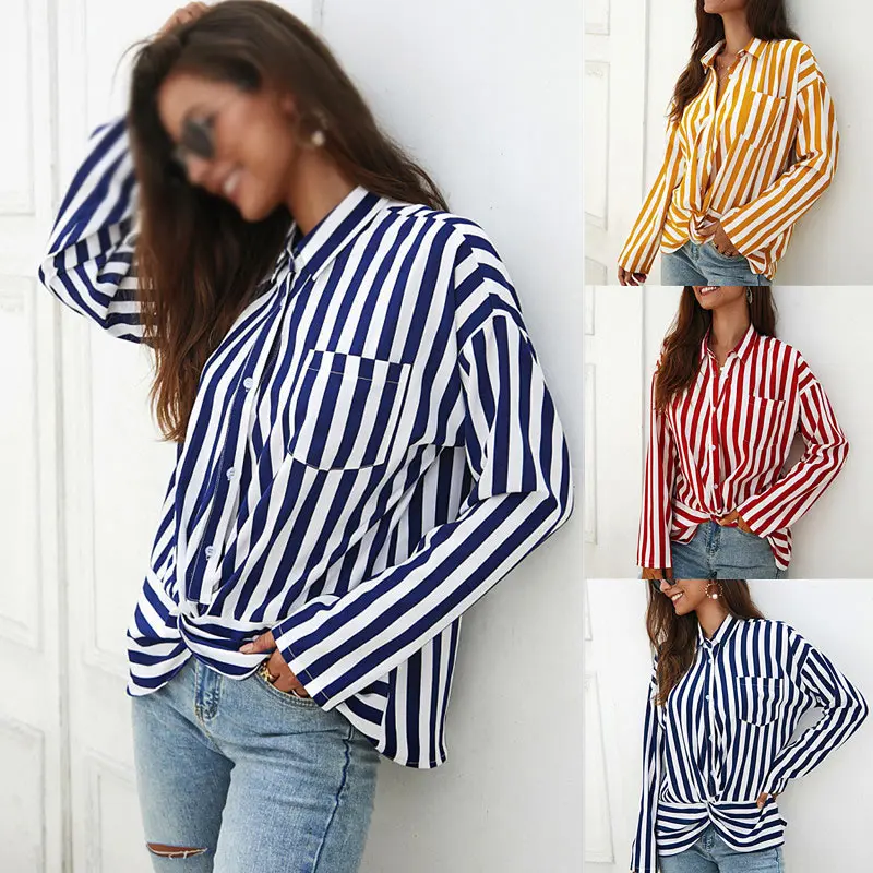

Women Shirt Long Sleeve Stripe Blouse Pocket Casual Yellow Red Office Ladies Shirts Fashion Autumn Womens Tops Blouses Clothes