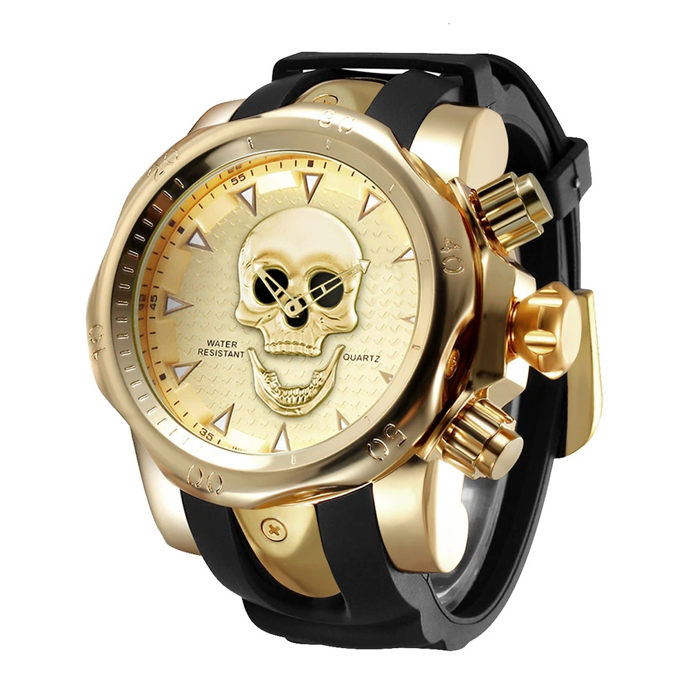 JIANGYUYAN, новинка, большой циферблат, вращающийся, 3D череп, часы для мужчин, золотой, черный, призрак, силиконовый ремешок, наручные часы для мужчин, роскошный бренд, на каждый день - Цвет: Gold