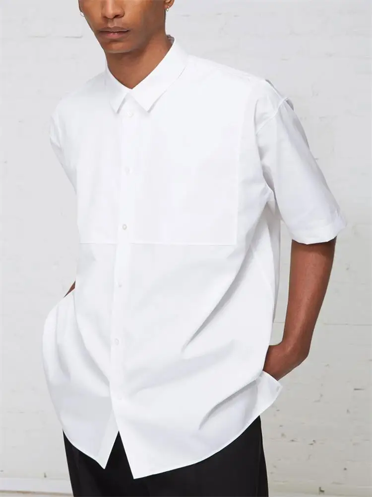 European and American style cotton vest white short sleeves simple design solid color pointed collar large shirt