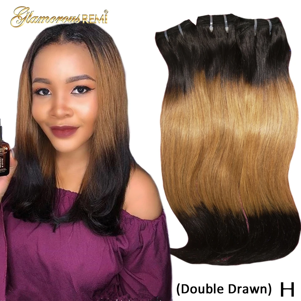 

Double Drawn Human Hair Extensions Natural Straight #T1B #27 #1B Ombre 3 Tone Remy Human Hair Bundles Honey blonde Color women