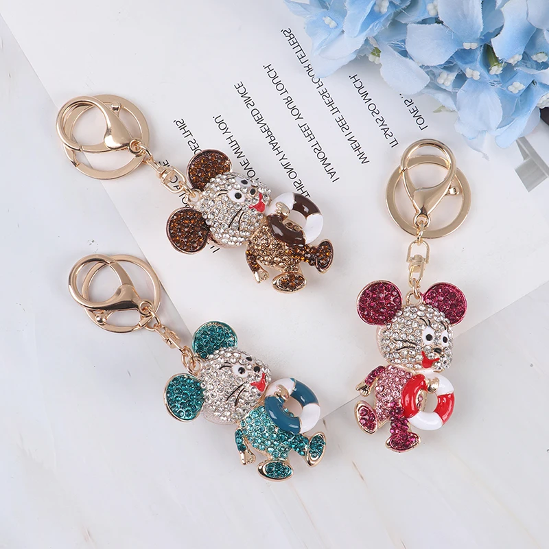 Cute Key Chain Rhinestone Crystal Keychain Hollow Out Heart Mouse Pendant Key Ring Charm For Women Girl Keyring Gift