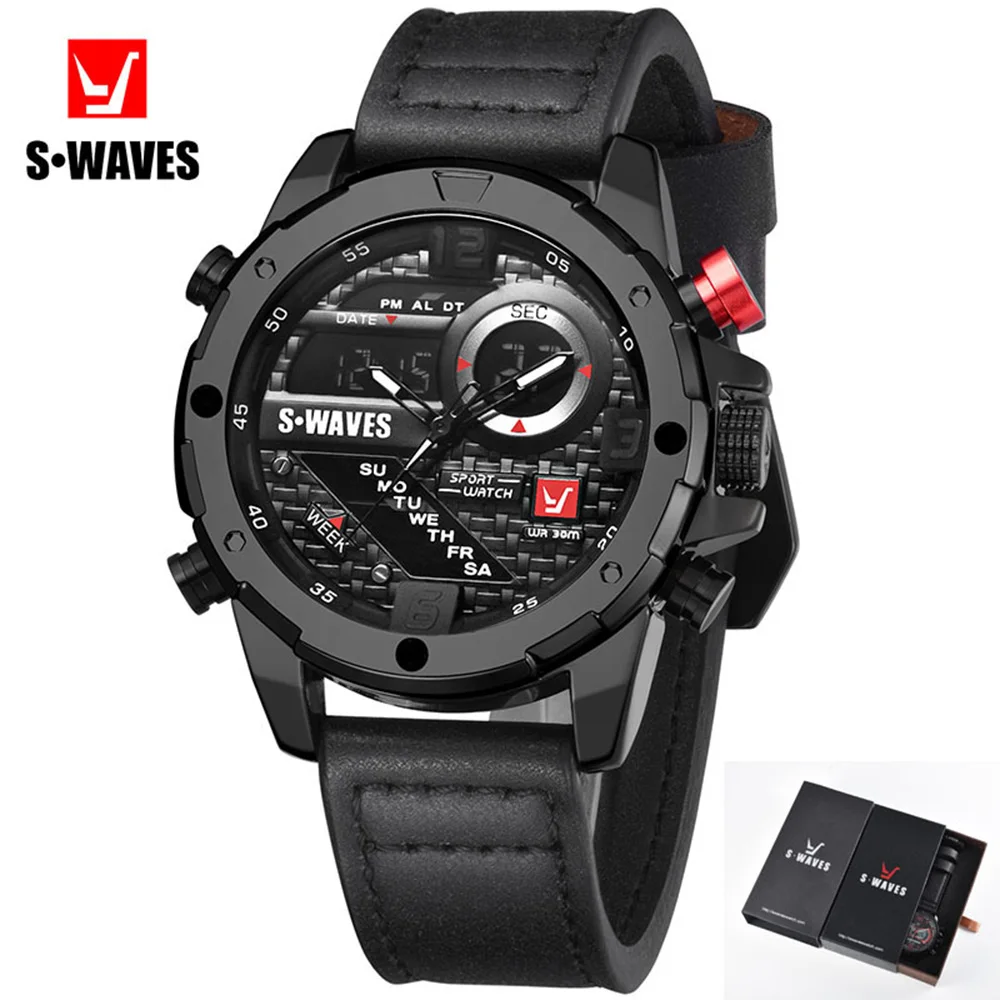 

Leather Band Men Watch SWAVES Luxury Digital Analog Reloj Hombre With Box Week Waterproof LCD Military Clock Men's Wrist Watches