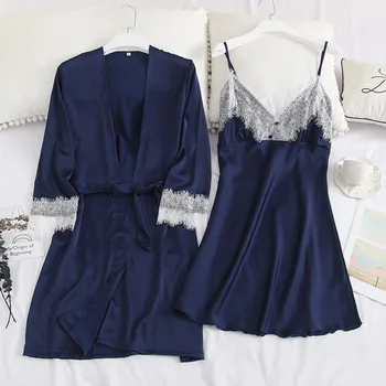

Sexy 2PCS Twinset Robe Set Lace Patchwork Nighty&Robe Suit Women Nightwear Satin Intimate Lingerie Nightdress Sleepwear Bathrobe