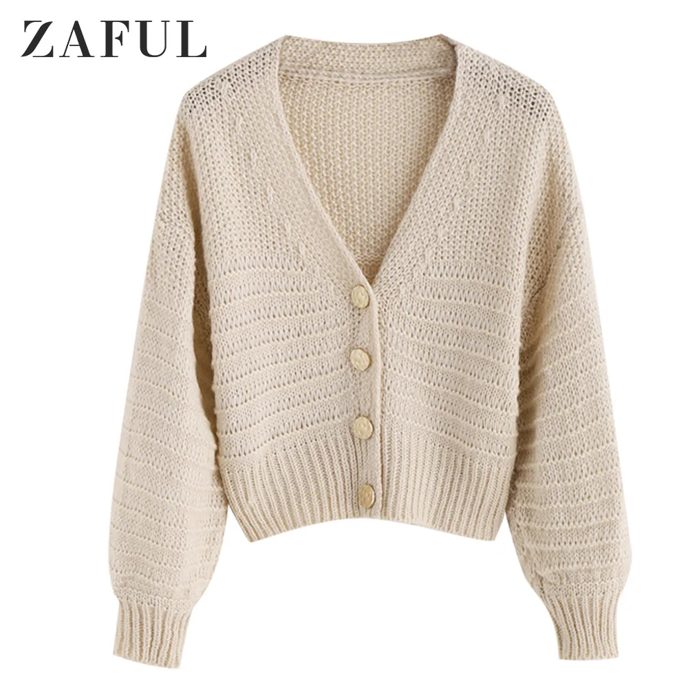 ZAFUL рукава-фонарики массивный короткий однотонный кардиган с v-образным вырезом и спущенными плечами женские топы Новая повседневная верхняя одежда короткий свитер на пуговицах