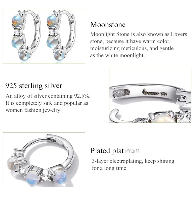 BAMOER Shining Moonstone 925 Sterling Silver Simple Style Ear Buckle For Women Statement New Fashion Jewelry Anniversary Gift