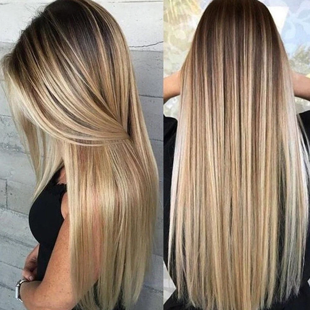 Straight Synthetic Hair Extensions Women 24inch Long 5 Clip-in Gradient Hair Pieces High Temperature Fiber Hair Pure Color