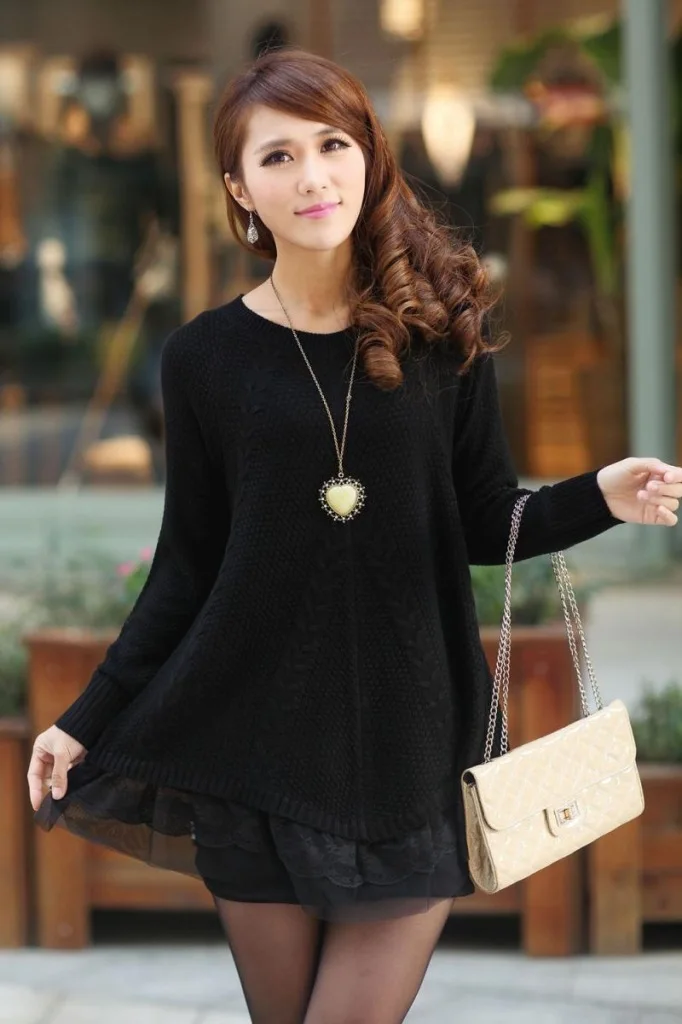 Women's Spring Autumn Knitting Pullovers Sweaters Female Lace Hem O-neck Sweaters