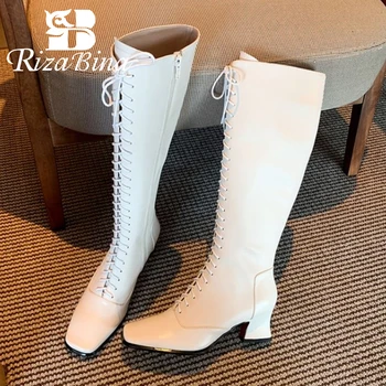 

RIZABINA Women Knee High Boots Cross Strap Zipper Shoes Square Toe Winter Warm Boots Fashion Women Party Footwear Size 34-39