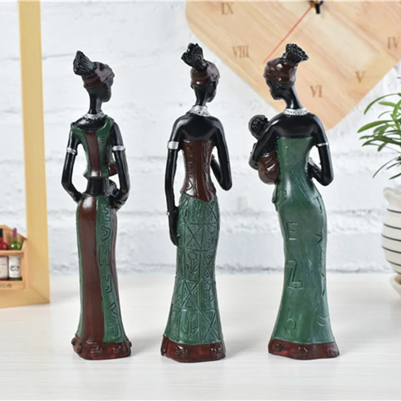 Hand-Painted Statue One Set of 3pcs Exotic African Tribal Woman Resin Figurine 