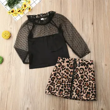

New Sumnmer Toddler Kid Baby Girl Lace Black Tops+Leopard Short Sheath Skirt Outfits Little Babies Girls Clothes Set