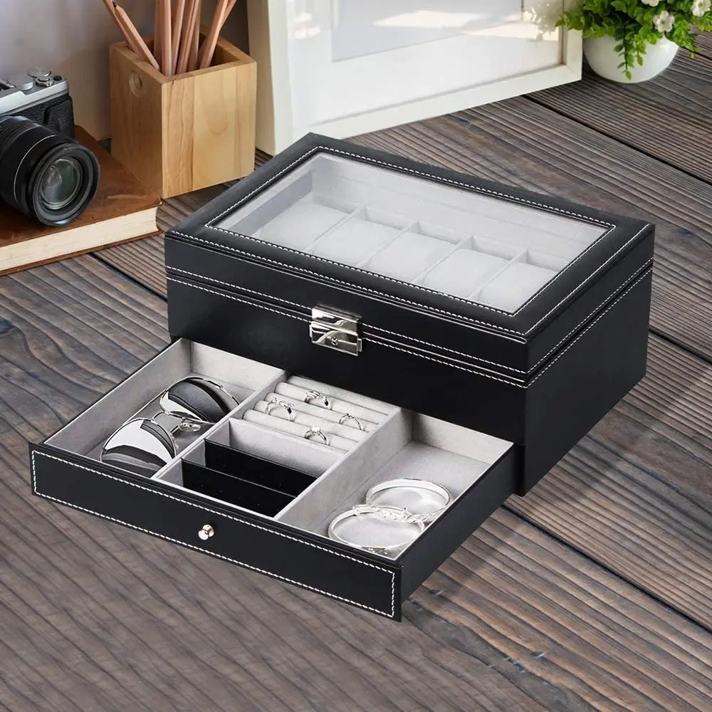 Watch Box Mens 12 Slots PU Leather Watch Case Organizer Jewelry Display Drawer Glass Top with Lock Black