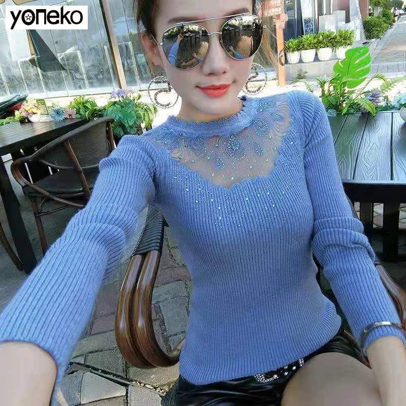 

Yoneko 2020 New Spring Autumn Women Office Lady Solid Color Sexy Lace O Neck Slim Hollow Out Pullover Sweater Women Streetwear