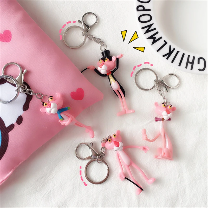 

Cartoon Cute Animal Anime Pink Panther Keychain Rabbit Fur Ball Pom Pom Bells Key Chains Women Car Bag Charms Pendan