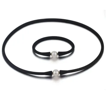 

Wholesale 40 inches 11-12mm Natural Round Pearl Black Rubber Silicone Necklace Set