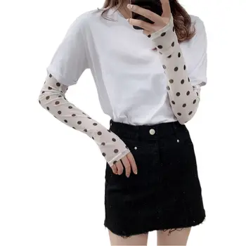 

Korean Women Girl Summer Ice Silk Arm Sleeves Cover Retro Colored Polka Dot Print UV Protection Driving Cycling Sunscreen Gloves