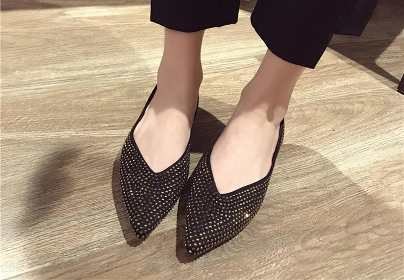 flats pointed toe black latest slip on size 35 designer shoes china chinese crystal gold diamond women ladies rhinestone