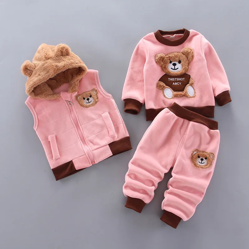 Baby Boy Clothing Girl Clothes Gold Velvet Warm Clothes Bear Cartoon Printing Plus Velvet Thick Sweater Hooded Vest Jacket 3pcs baby clothing set long sleeve	