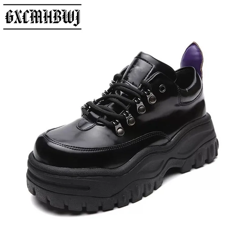 GXCMHBWJ Punk Black Lace Up Casual Creepers Shoes Women Flat Platform
