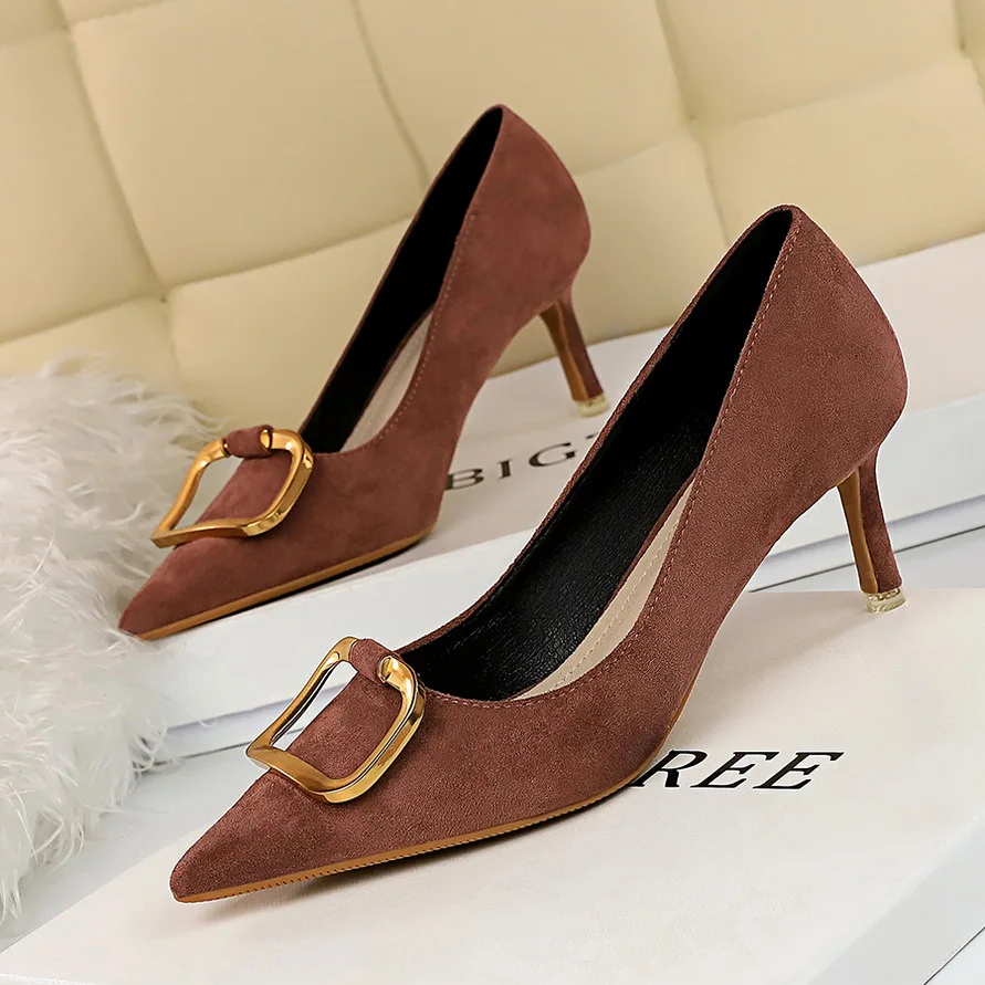 Women 6.5cm High Heels Suede Purples Pumps Lady Scarpins Fashion Kitten Low Heels Sexy Office Green Yellow Office Shoes