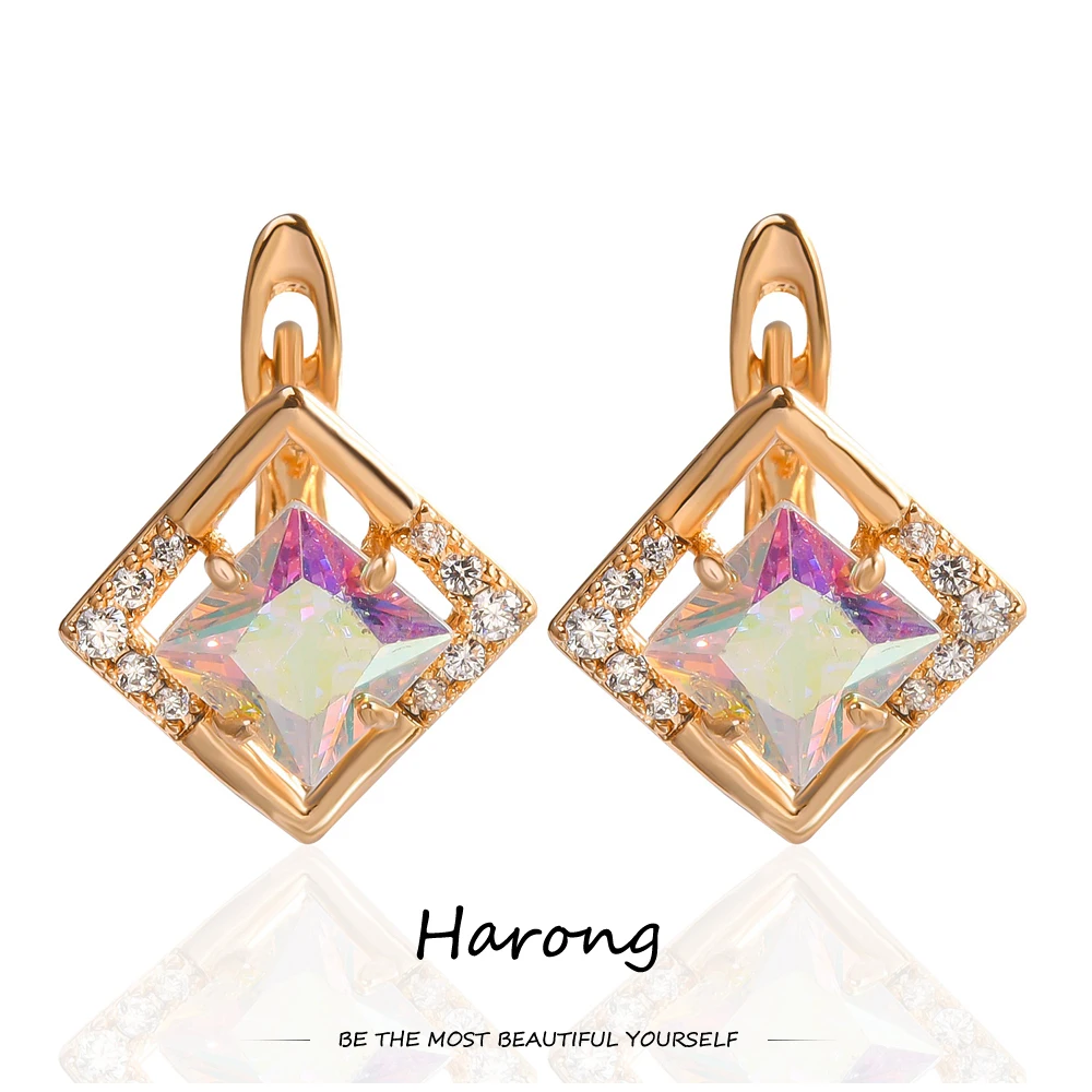 Harong Colorful Crystal Zircon Stud Earrings Diamond-shaped Luxury Shiny Female Jewelry Ear Clip for Women Girls Wedding Gifts | Украшения