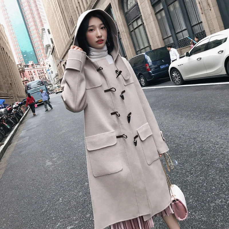Solid Horn Buckle Women's Jacket Pockets Hooded Korean Womens Fashion Coat Casual Loose Long  Wool Blend Ladies Coat Women 2020 waterproof puffer coat