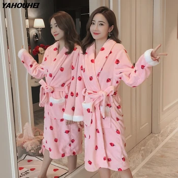 

2019 Winter Thick Warm Flannel Robes For Women Long Sleeve Coral Velvet Bathrobe Femme Sleepwear Dressing Gown Homewear Clothing