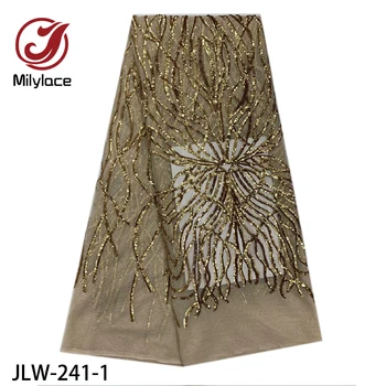 

Milylace gold color French lace fabric 5 yards fashion shiny sequins tulle lace fabric hot-selling for party dresses JLW-241